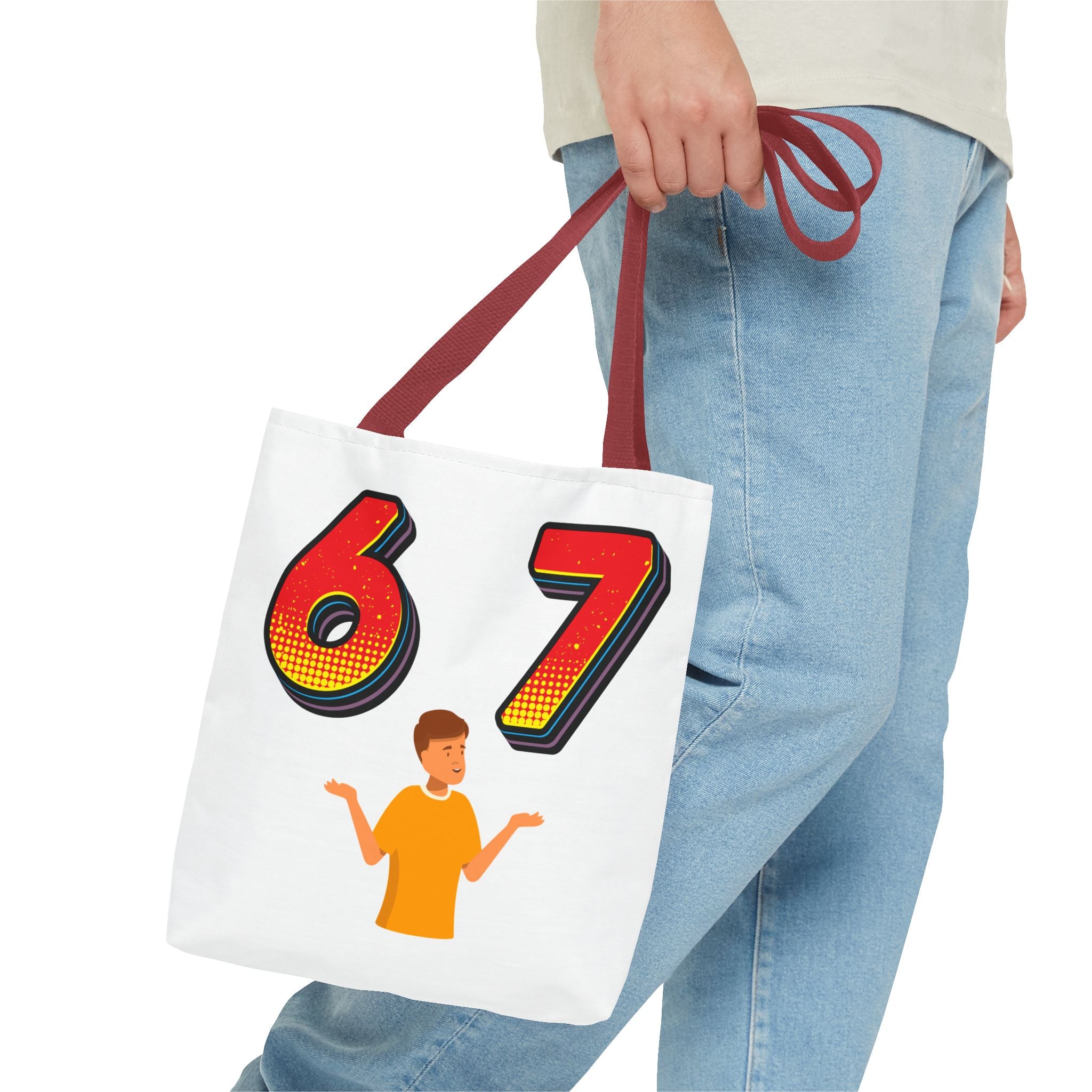 67 Graphic Tote Bag — Retro Number Design with Shrugging Character