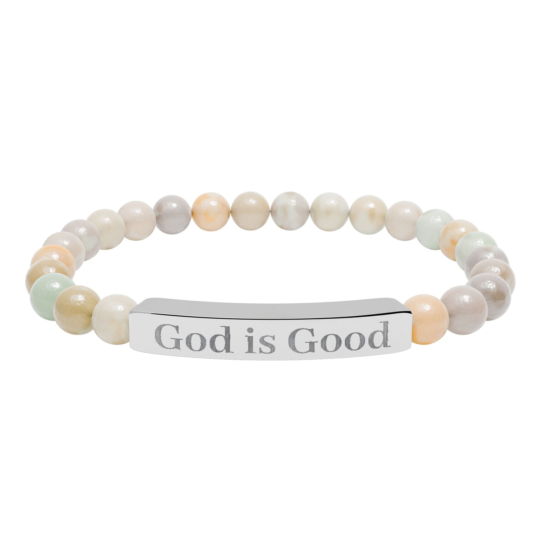 God Is Good Natural Stone Stretch Bracelet — Engraved Bar Spiritual Jewelry
