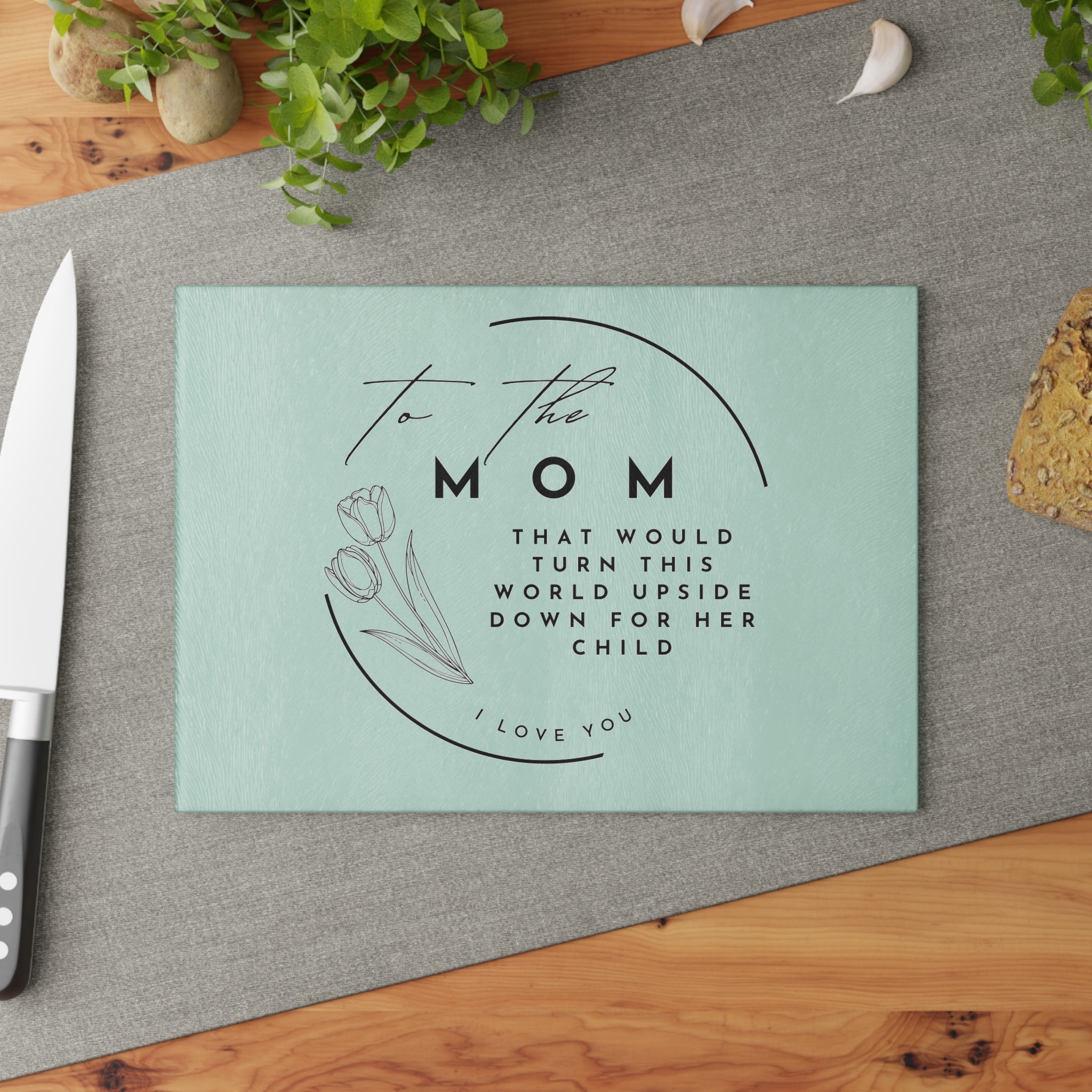 Glass Cutting Board — "To the Mom" Sentimental Floral Mother's Day Kitchen Gift