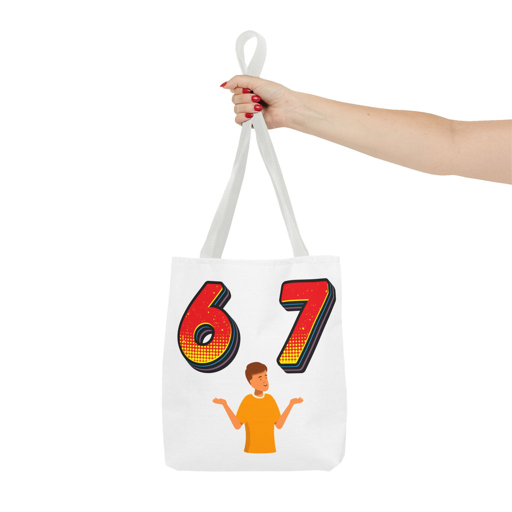 67 Graphic Tote Bag — Retro Number Design with Shrugging Character